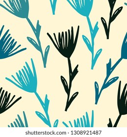 Floral seamless pattern in blue and black on vanilla background.