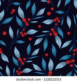 Floral seamless pattern with blue branches, leaves and red berries. Floral background for fabric, wallpaper, textile, tablecloth, package, web design.