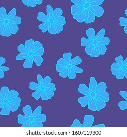 Floral seamless pattern in blue colors for package design, web, fabric, wrapping paper, gifts. Blue flowers wallpaper for background in trendy cute hand drawn style
