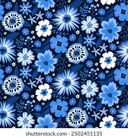 Blumennahtloses Muster in blauen Farben. Zeitgenössische Vektorgrafik im flachen Stil. Textur für die Papierhintergrunddrucke wiederholen. Perfekt zum Einwickeln von Papier, Textil, Dekorationsschmuck, Abdeckung.