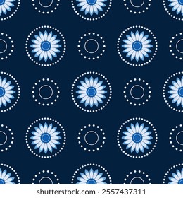 Floral seamless pattern in blue colors. Blue white floral elements on dark blue background. Geometry folk round elements for winter decor. Traditional ethnic craft monochrome ornament in country style