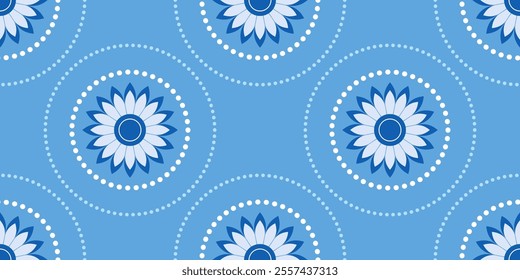 Floral seamless pattern in blue colors. Blue white floral elements on blue background. Geometry folk round elements for romantic decor. Traditional ethnic craft monochrome ornament in country style