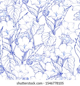 Floral seamless pattern with blue contour flowers and leaves on a white background. Chamomiles and bells. For wrapping paper, textile, wallpapers, print, greeting. Vector illustration.