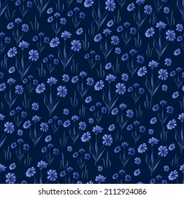 Floral seamless pattern with blue cornflower on dark blue background. Small flowers with leaves in grass, night field. Monochrome vector print, fabric printing for clothes, linens, wallpaper, cover.