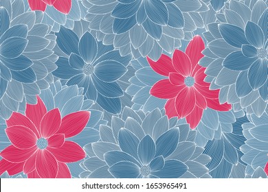 Floral seamless pattern with blue dahlia flowers. Vector elements for wallpaper, wall decor, creativity, cards, invitations.