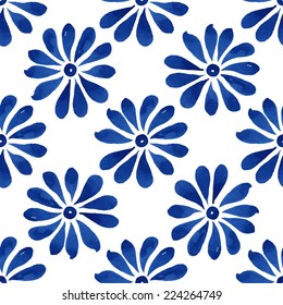 Floral seamless pattern, blue daisies on a white background, watercolor, ink.