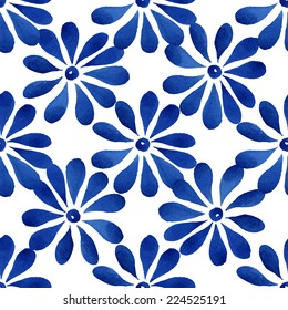 Floral seamless pattern, blue daisy flowers on white background, watercolor, ink.