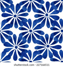 Floral seamless pattern, blue daisy flowers on white background, watercolor, ink. 