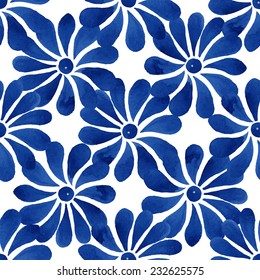 Floral Seamless Pattern, Blue Daisy Flowers On White Background, Watercolor, Ink.