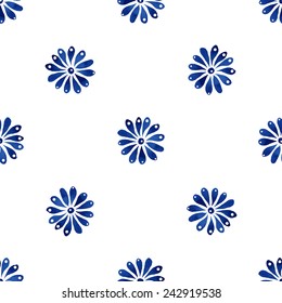 Floral seamless pattern, blue daisy flowers on white background, watercolor, ink. 