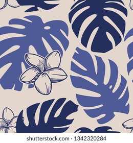 Floral seamless pattern, blue and dark blue plant monstera on beige background. Contemporary art drawing lilies and plants. Vector illustration leaves.Vintage print on cloth template.