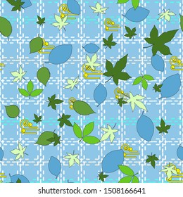 Floral seamless pattern of blue, dark and light green leaves. Cornflower blue background with a light cell from dotted lines. Great for decorating fabrics, gift wrapping, printed materials.