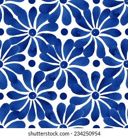 Floral seamless pattern. Blue floral elements and small circles on a white background, watercolor, ink