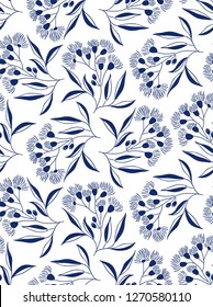 Floral seamless pattern. Blue eucalyptus plants on white background. Beautiful vector illustration.