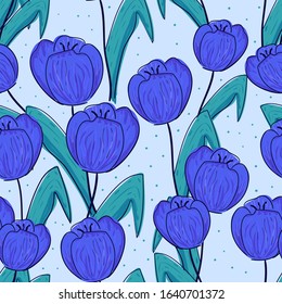 Floral seamless pattern with blue flower. Hand drawn vector illustration