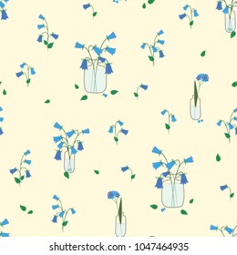 Floral seamless pattern with blue flowers in a bottle. Vector.