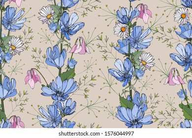 Floral seamless pattern with blue flowers chicory, chamomiles, herbs, leaves. Hand drawn. Background for your design, textile, wallpapers, print, greeting. Vector stock illustration.