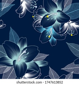 Floral seamless pattern with blue flowers of lilies. Vector illustration.