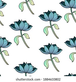 estampado floral sin costuras con flores azules sobre tallos de color verde claro para imprimir sobre tela, vestido, patrón delicado