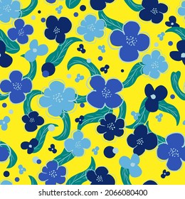 Floral seamless pattern with blue flowers on a bright yellow background. Vector pattern for clothing, textiles, stationery printing, web