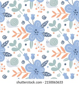 Floral seamless pattern with blue flowers, twigs, berries and a snail hand drawn in a flat style on a white background. Modern design for wallpaper, textile, background, wrapping paper.