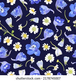 Floral sin soldadura con flores y daisies azules.Adecuado para imprimir en tela, textil, papel envolvente, papel pintado decorativo, embalaje, invitaciones.