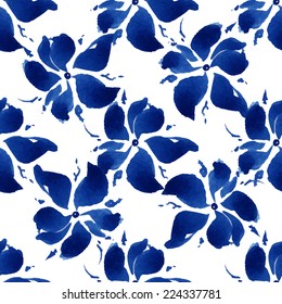 Floral seamless pattern, blue flowers on a white background, watercolor, ink.