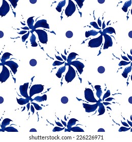 Floral seamless pattern, blue flowers and small circles on a white background, watercolor, ink.