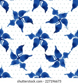 Floral seamless pattern, blue flowers and small circles on a white background, watercolor, ink. 