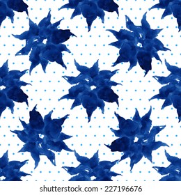 Floral seamless pattern, blue flowers and small circles on a white background, watercolor, ink. 