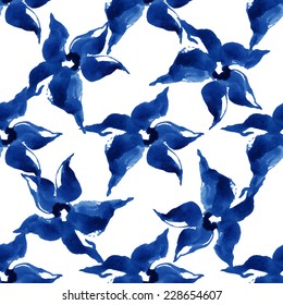 Floral seamless pattern, blue flowers on a white background, watercolor, ink. 
