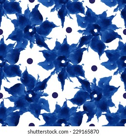 Floral seamless pattern, blue flowers and small circles on a white background, watercolor, ink