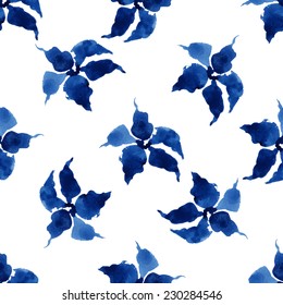 Floral seamless pattern, blue flowers on a white background, watercolor, ink. 