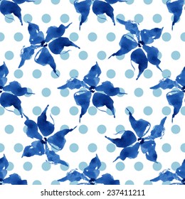 Floral seamless pattern, blue flowers and small circles on a white background, watercolor, ink. 