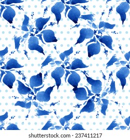 Floral seamless pattern, blue flowers and small circles on a white background, watercolor, ink. 