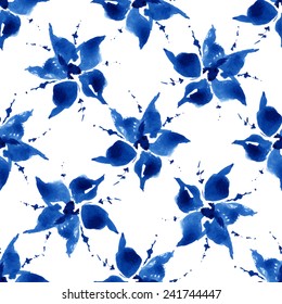 Floral seamless pattern, blue flowers on a white background, watercolor, ink. 