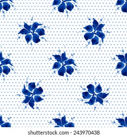 Floral seamless pattern, blue flowers and small circles on a white background, watercolor, ink.