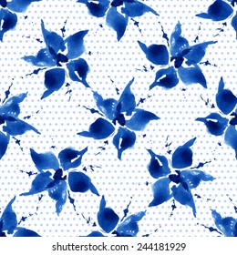 Floral seamless pattern, blue flowers and small circles on a white background, watercolor, ink