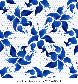 Floral seamless pattern, blue flowers and small circles on a white background, watercolor, ink 