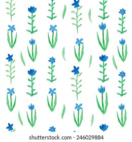 Floral seamless pattern blue flowers with green leafs. Aquarelle blue flowers. Spring garden as seamless pattern on a white background. Spring flowers pattern. Watercolor with blue flowers.