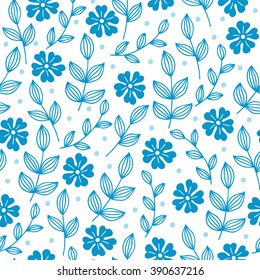 Floral seamless pattern with blue flowers, branches and dots on white background. Perfect for wallpapers, wrapping papers, textile, pattern fills, gift paper, spring and summer greeting cards