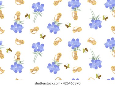 Floral seamless pattern with blue flowers, vases and butterflies on white background. Cute vector illustration.