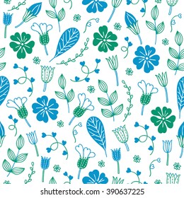 Floral seamless pattern with blue and green flowers and  branches on white background. Perfect for wallpapers, wrapping papers, textile, pattern fills, gift paper, spring and summer greeting cards