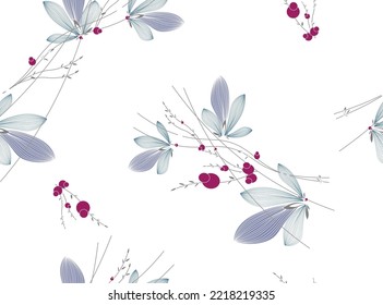 Floral seamless pattern with blue leaves, red berries and thin gray lines in a minimalist style on a white background. Abstract vector drawing for design of textile, fabrics, wallpaper, etc.