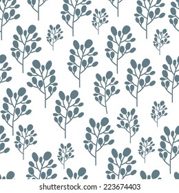 Floral seamless pattern of blue leaves. Hand drawn nature illustration