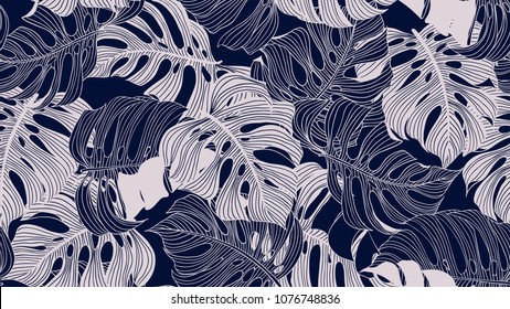 Floral seamless pattern, blue and light pink split-leaf Philodendron plant on blue background, line art ink drawing Floral seamless pattern, blue and light pink split-leaf Philodendron plant on blue background, line art ink drawing