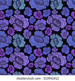 Floral seamless pattern with blue and lilac flowers on black background.