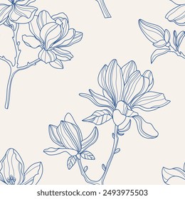 Nahtloses Blumenmuster von blauen Magnolien. Floristische Muster für Textilien, Geschenkverpackung, Papierprodukte. Vektorgrafik Blumenmuster. voluminöse Magnolien