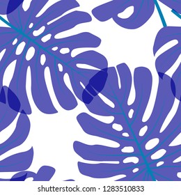 Floral seamless pattern, blue monstera leafs. Philodendron plant on white background, pastel theme.