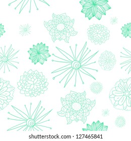 Floral seamless pattern: blue outlines of flowers on white background.